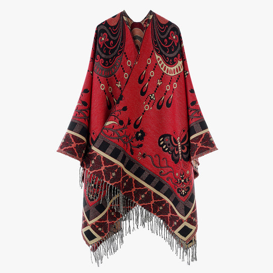 Damen Jacquard-Statement-Poncho mit Paisley- und Schmetterlingsmotiv sowie Fransen Shop Nory