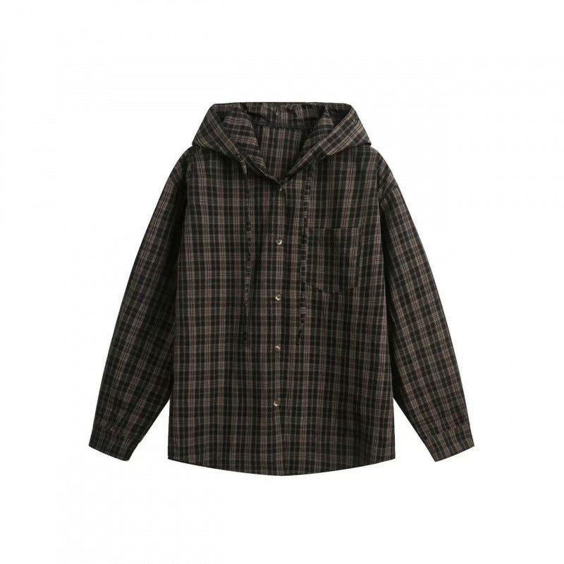 Unisex Weite karierte Kapuzen-Hemdjacke aus Baumwollflanell mit aufgesetzter Brusttasche Shop Nory