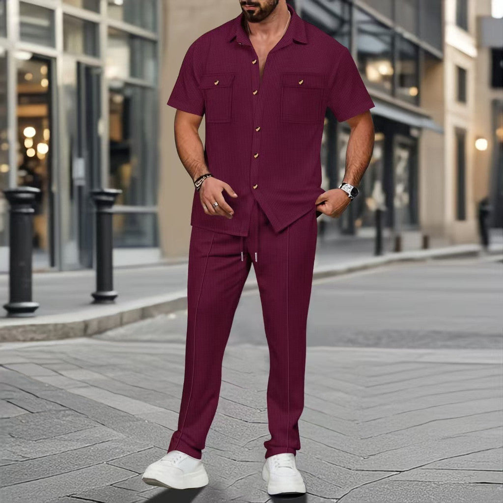 Herren nan lässiges Lounge-Ensemble Campkragen-Hemd mit aufgesetzten Brusttaschen und konisch zulaufender Tunnelzughose Shopnory