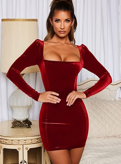Damen Figurbetontes Samt-Minikleid mit quadratischem Ausschnitt und leichten Puffärmeln Shop Nory