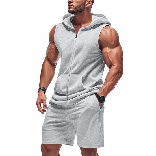 Herren nan sportliches Kapuzen-Set mit ärmelloser Sweatjacke, durchgehendem Reißverschluss und Trainingsshorts