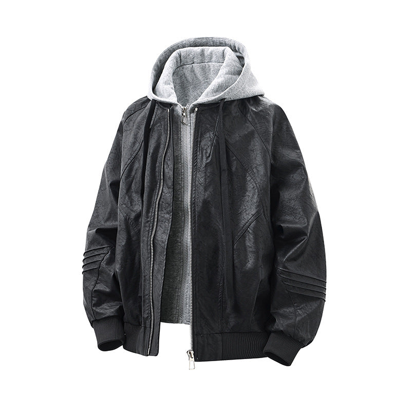 Unisex Weit geschnittene Kunstleder Bomberjacke mit kontrastkapuze und Rippbündchen Shop Nory