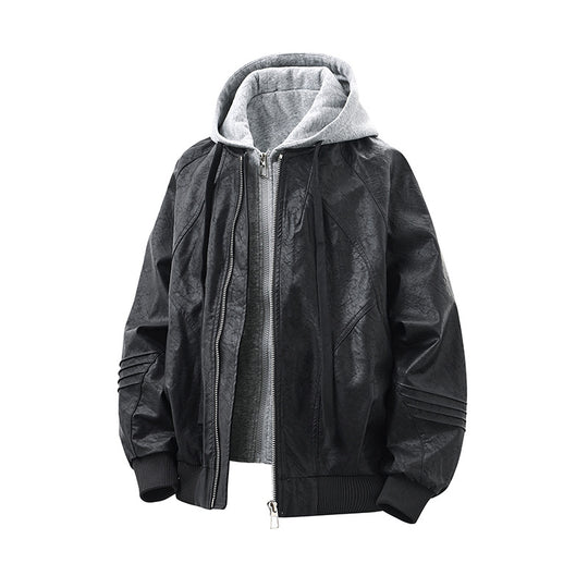 Unisex Weit geschnittene Kunstleder Bomberjacke mit kontrastkapuze und Rippbündchen Shop Nory