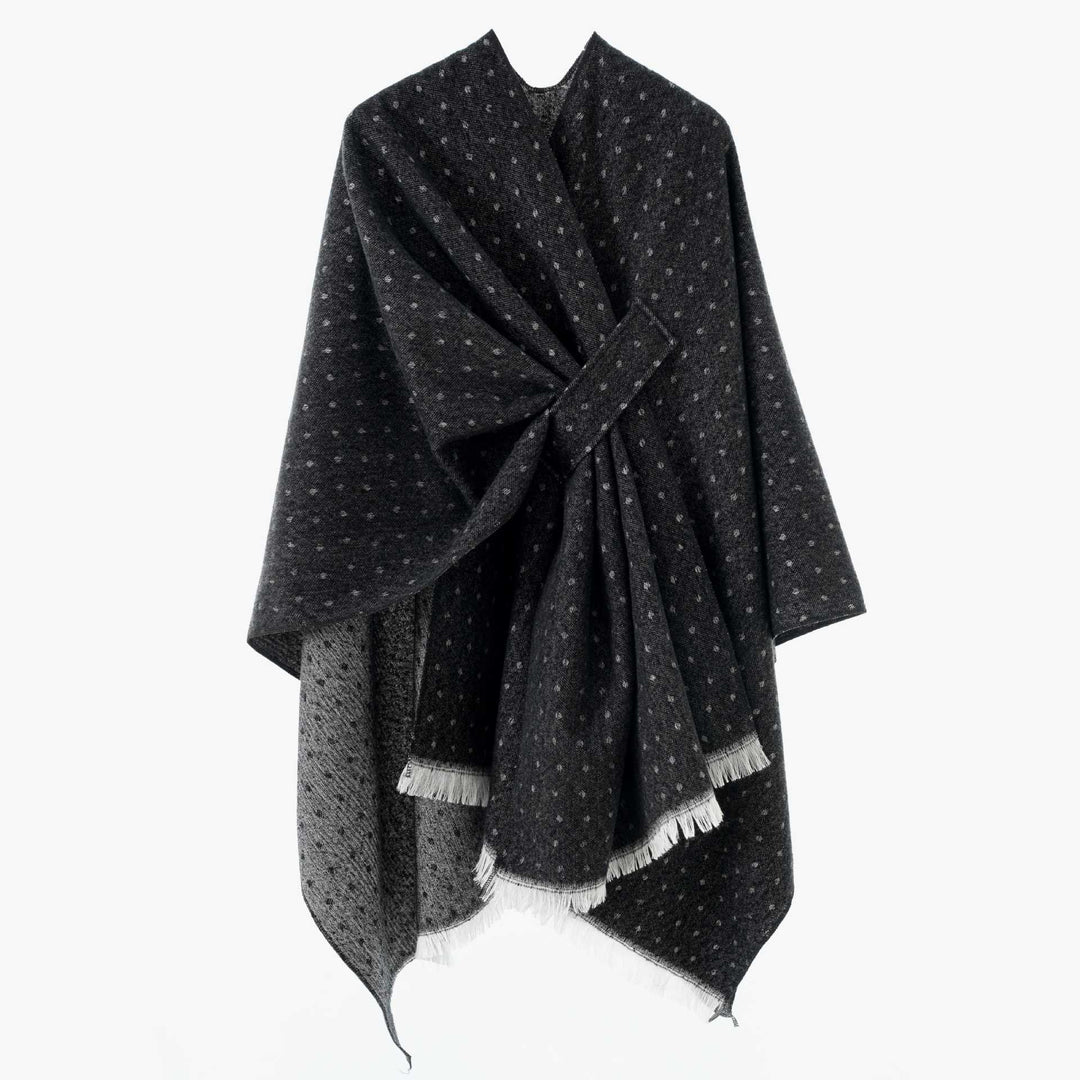 Damen Kastenförmiger Wickelponcho aus Wollmix mit Hahnentritt und Fransensaum Shop Nory