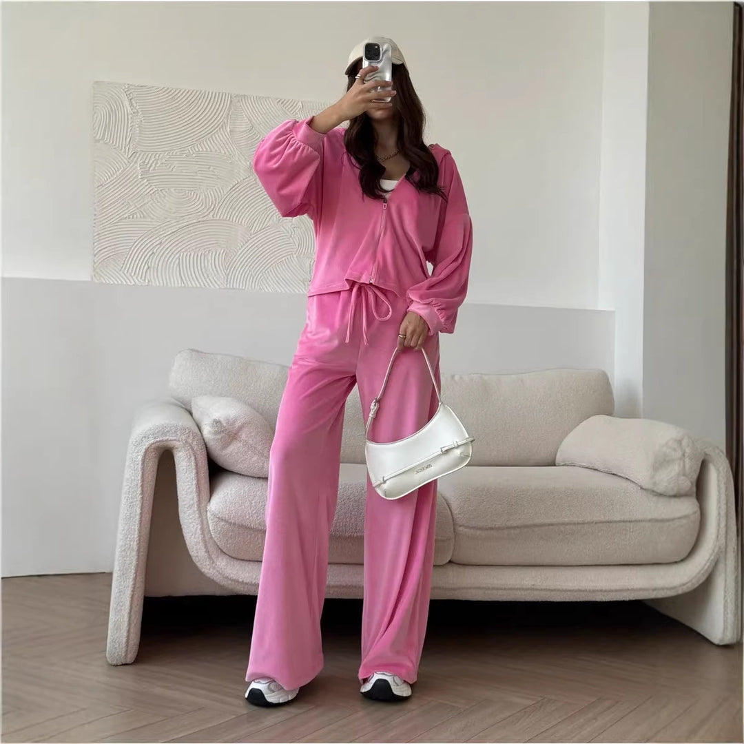 Damen luxuriöses Velours-Lounge-Set mit kurzem Reißverschluss-Hoodie und weitem High-Waist-Hose Shop Nory