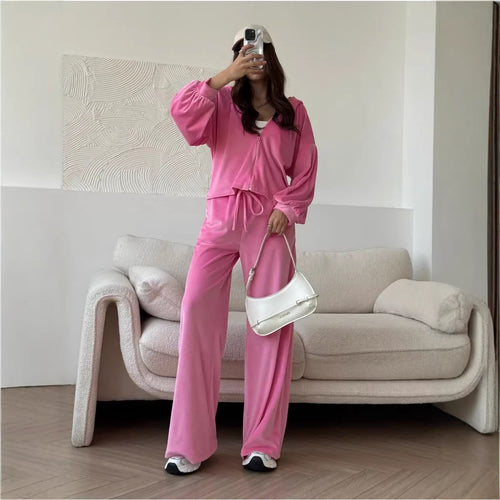Damen luxuriöses Velours-Lounge-Set mit kurzem Reißverschluss-Hoodie und weitem High-Waist-Hose Shop Nory