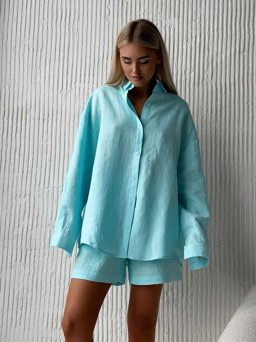 Damen lässige Leinenbluse und Shorts Set