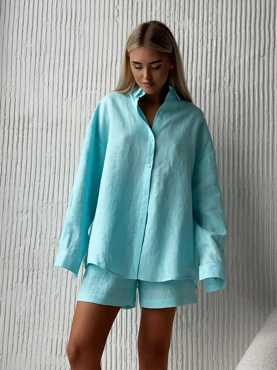 Damen lässige Leinenbluse und Shorts Set