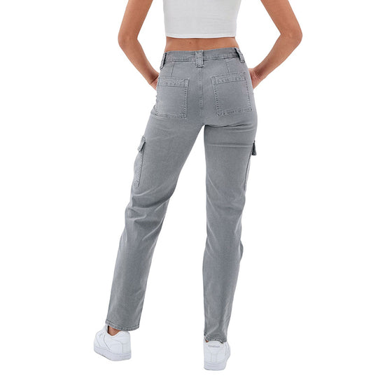 Damen Hochtaillierte Cargohose aus Denim mit geradem Bein und Mehrfachtaschen Shop Nory