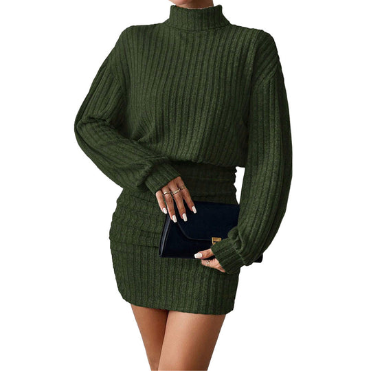 Damen gestricktes zweiteiliges Set mit Rollkragenpullover, geripptem Sculpting‑Minirock und Oversize-Ärmeln Shop Nory