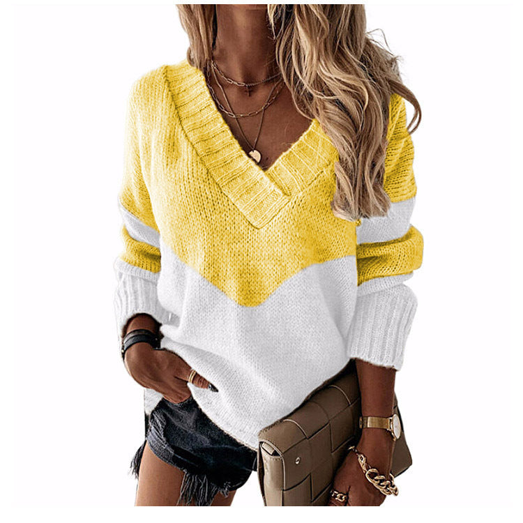 Damen V‑Ausschnitt Strickpullover mit Leo‑Print und Colorblock‑Design Shop Nory