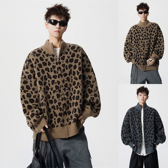 Herren Modische Strickjacke mit Leopardenmuster und hohem Kragen Shop Nory