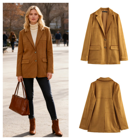 Damen Lang geschnittener Wildlederoptik-Blazer mit Reverskragen und Pattentaschen Shop Nory