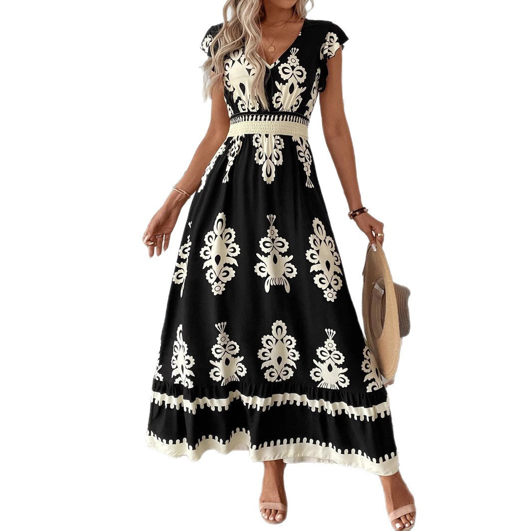 Damen Boho-Langkleid mit V‑Ausschnitt, tailliertem Stretch-Bund und kontrastierendem Ornamentdruck Shop Nory