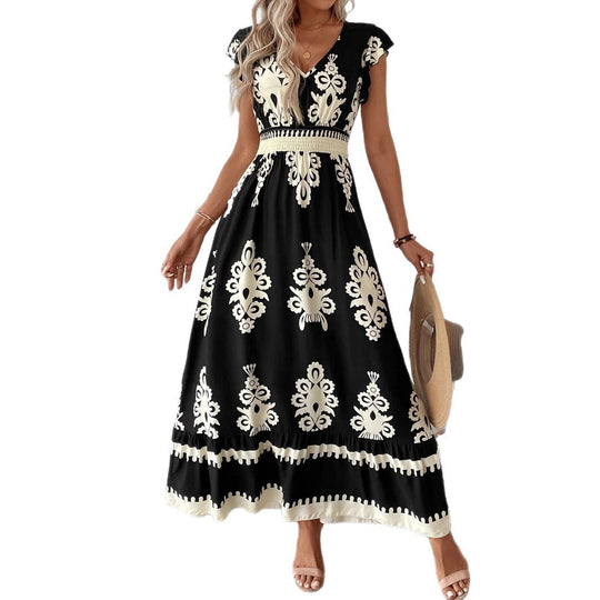 Damen Boho-Langkleid mit V‑Ausschnitt, tailliertem Stretch-Bund und kontrastierendem Ornamentdruck Shop Nory