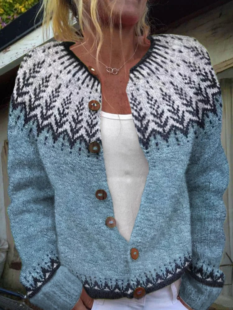 Damen nan gemusterte Strickjacke mit Rundpasse, Holzknöpfen und Eingrifftaschen Shop Nory