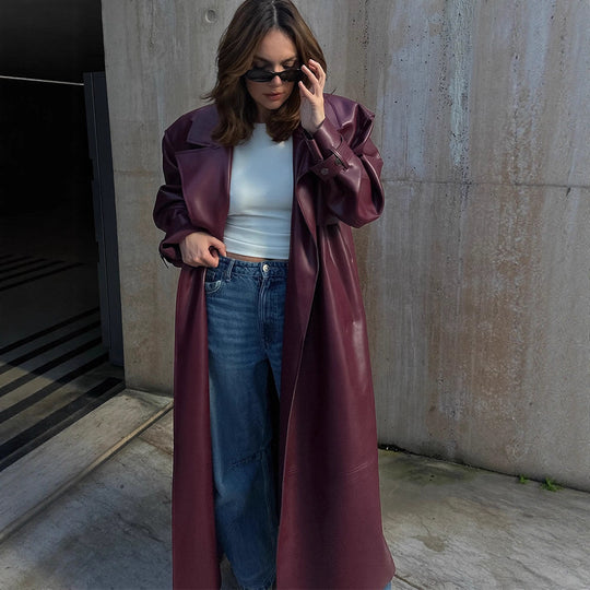 Damen Oversize Kunstleder-Mantel im Trenchcoat-Stil mit weitem Revers Shop Nory