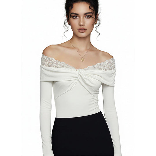 Damen Figurbetonter Langarm-Body mit Carmenausschnitt, Spitzenbesatz und Knotenfront Shop Nory