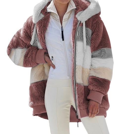 Damen nan oversized Kunstfell-Patchwork Kapuzenjacke mit Rippbündchen und Zweiwege-Reißverschluss Shop Nory