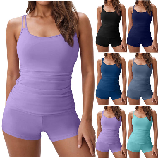 Damen nan figurformendes Tankini-Set mit geraffter Taille und doppelten Spaghettiträgern