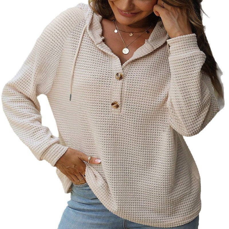 Damen Waffelstrick-Hoodie mit halber Knopfleiste und Kapuze Shop Nory