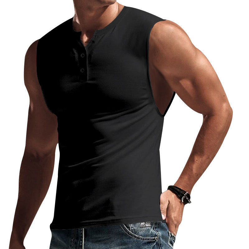 Herren nan ärmelloses Muskelshirt mit Henley-Knopfleiste, tiefem Armausschnitt und elastischem Baumwollmix