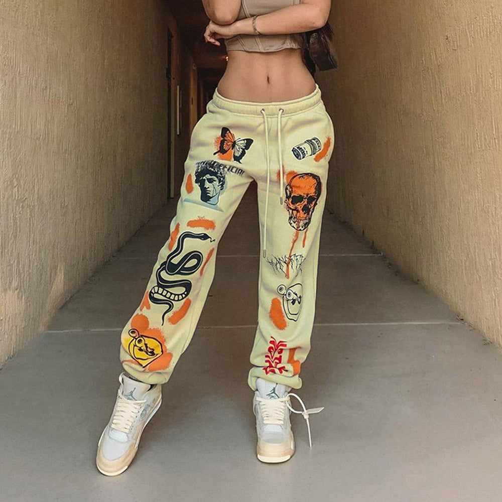 Damen Grafik-Jogginghose mit hohem Bund, Kordelzug und Streetwear-Prints Shop Nory