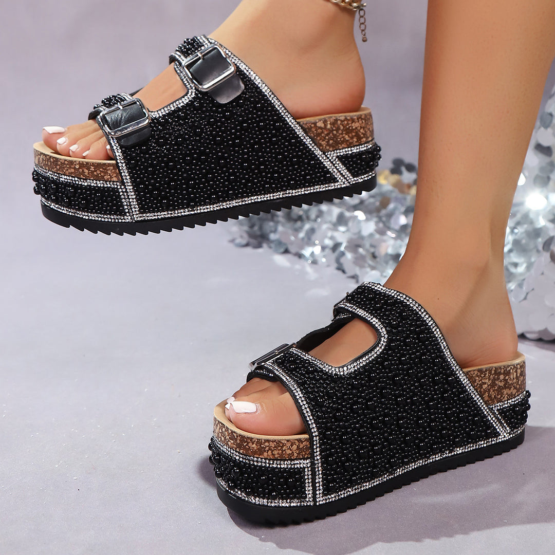 Damen Perlenbesetzte Keilplattform-Sandalen mit Doppelriemen und Komfortfußbett Shop Nory