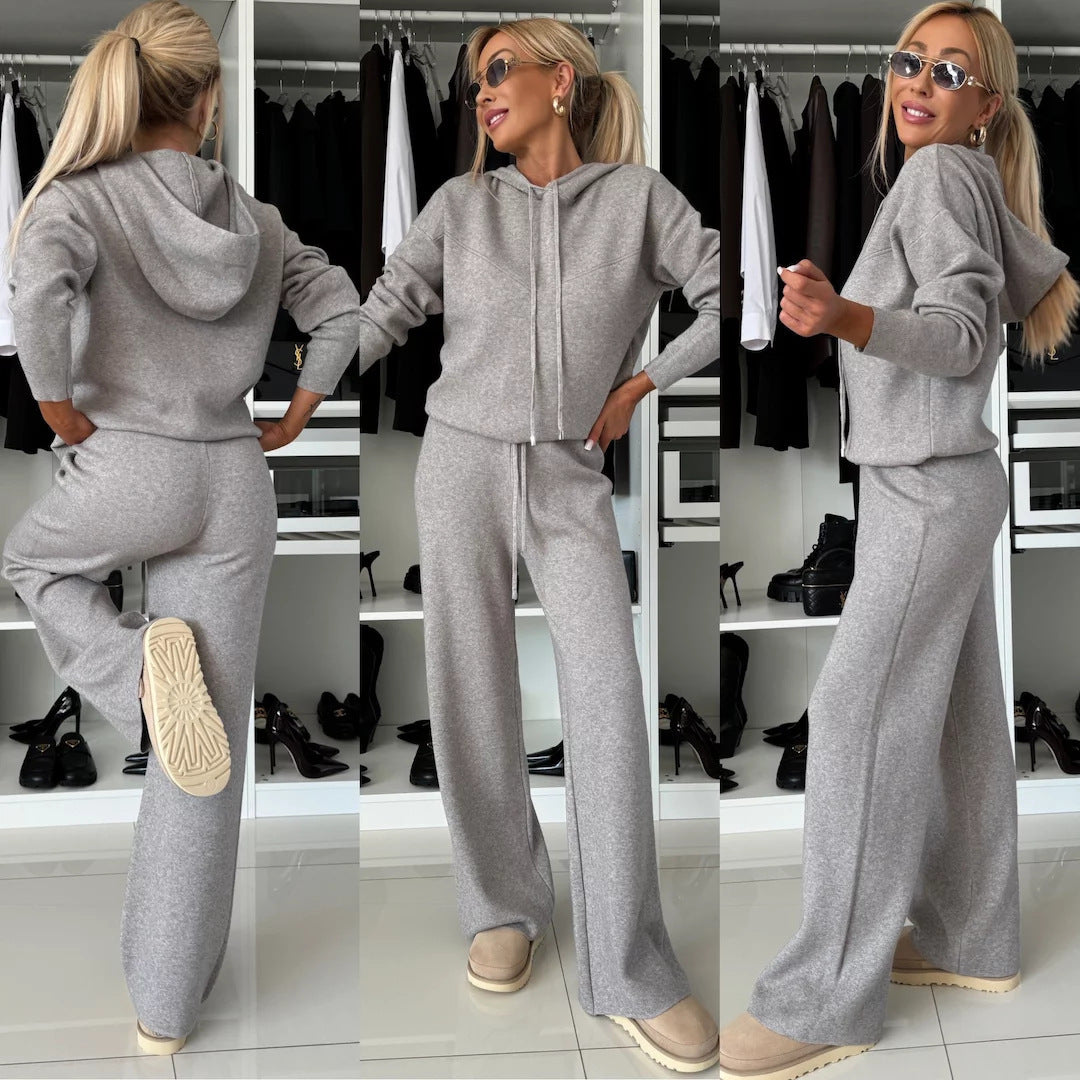 Damen kuscheliger Strick-Jogginganzug mit kurzem Kapuzenpullover und weitem Fließbein Shop Nory