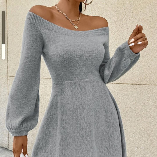 Damen Schulterfreies Feinstrick-Kleid mit taillierter Passform und Ballonärmeln Shop Nory