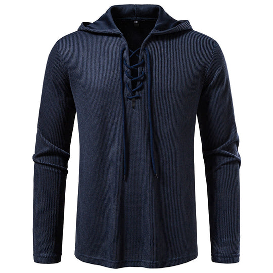 Herren Waffelstrick-Kapuzenpullover mit Schnürkragen und geradem Saum Shop Nory