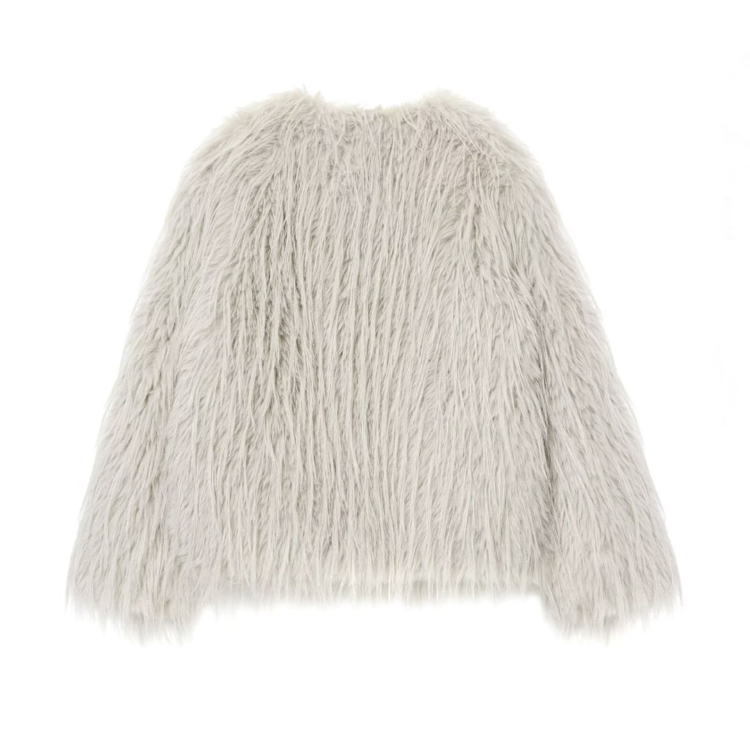 Damen Faux-Fur-Pelzjacke mit langem Shaggy-Fell und Rundhalsausschnitt Shop Nory
