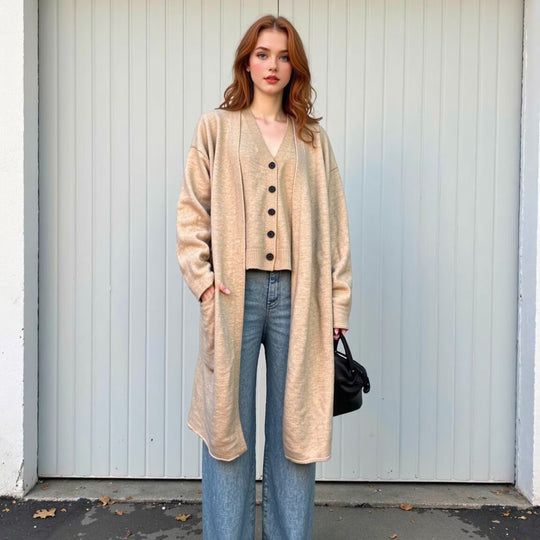 Damen Oversize Strick-Set mit Longcardigan, Knopf-Weste und weiten Hosen Shop Nory