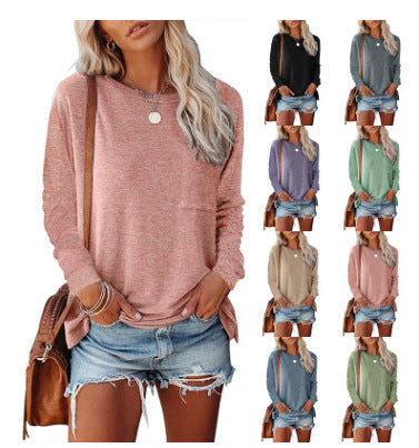 Damen lässiges Langarmshirt mit Taschen und Rundhalsausschnitt
