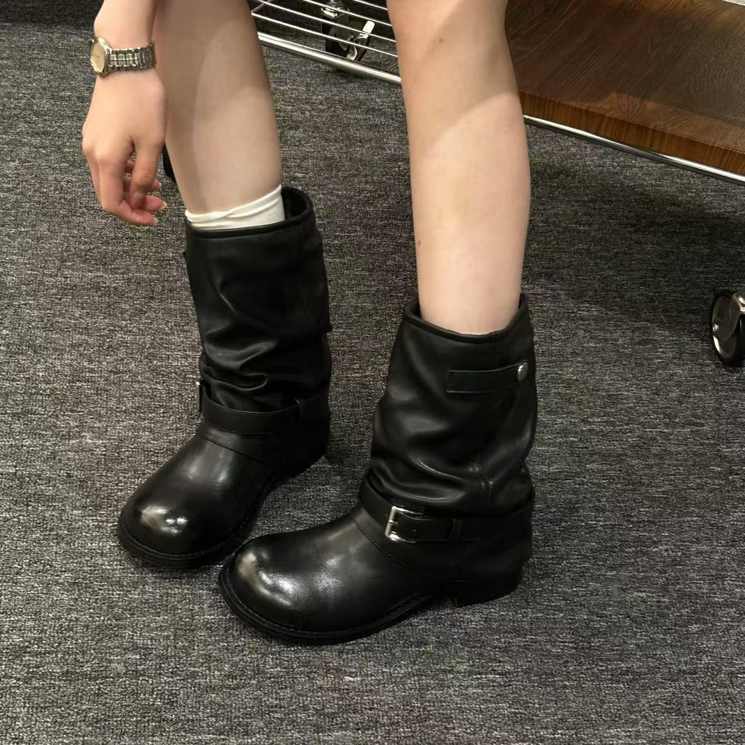 Damen Lederstiefel mit modischen Schnallenverzierungen Shopnory
