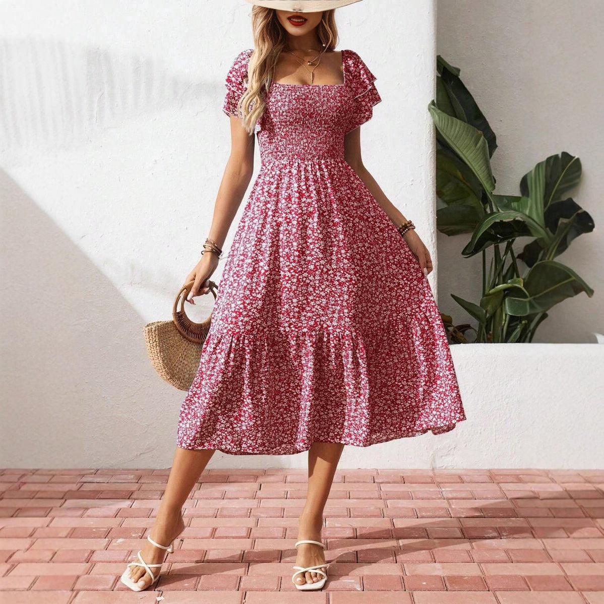 Damen Off-Shoulder Maxikleid mit floralen Mustern und elastischem Oberteil