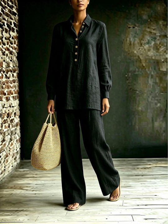 Damen Tunika-Hose Set aus Leinenoptik mit Hemdkragen und weitem Schnitt Shop Nory