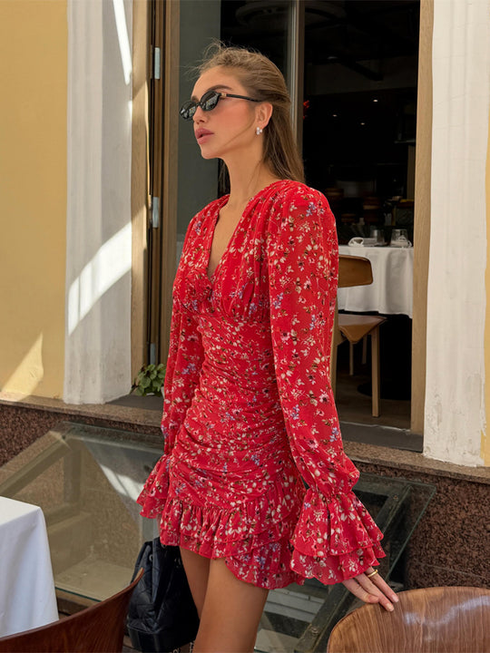 Damen Tailliertes Chiffon-Minikleid mit Blumenprint, Raffung & Volantärmeln Shop Nory
