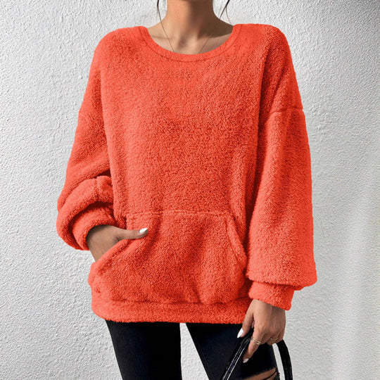 Damen Kuscheliger Oversize-Sherpa-Pullover mit Kängurutasche und Ballonärmeln Shop Nory