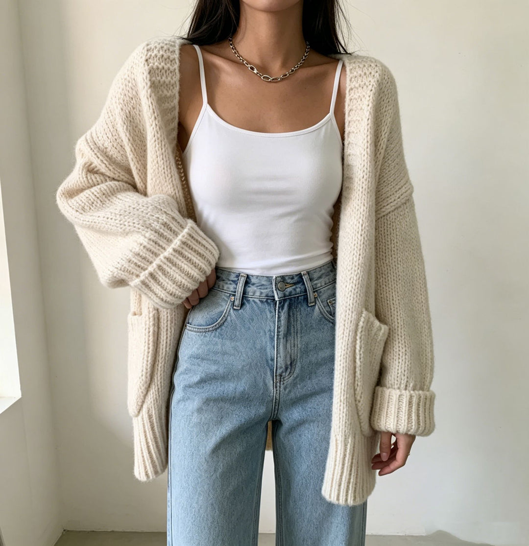 Damen Langer Offener Grobstrick-Cardigan mit aufgesetzten Taschen und gerippten Bündchen Shop Nory