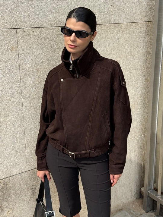 Damen Kurze Veloursleder-Bomberjacke mit hohem Stehkragen und Taillengürtel Shop Nory
