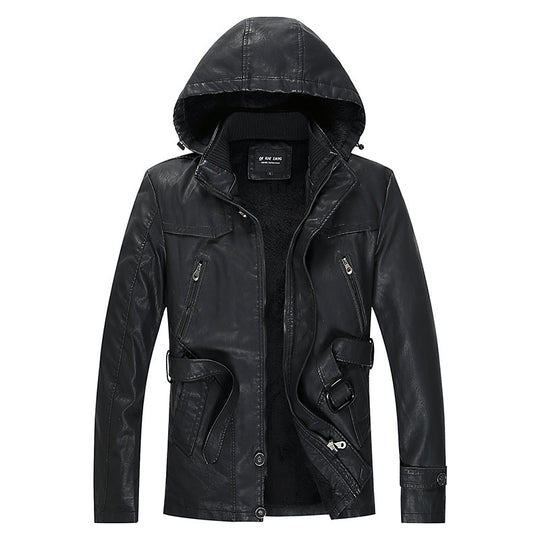 Herren gefütterte Kunstlederjacke mit Kapuze, warmem Teddyfutter und Gürteldetail Shop Nory