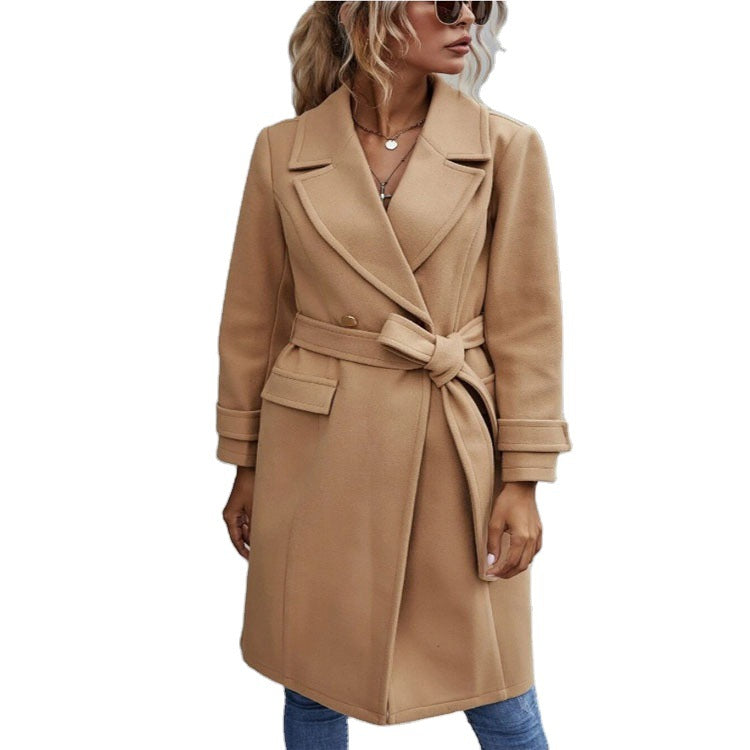 Damen Midilanger taillierter Wollmixmantel mit dezentem Doppelreiher und schmalem Revers Shop Nory