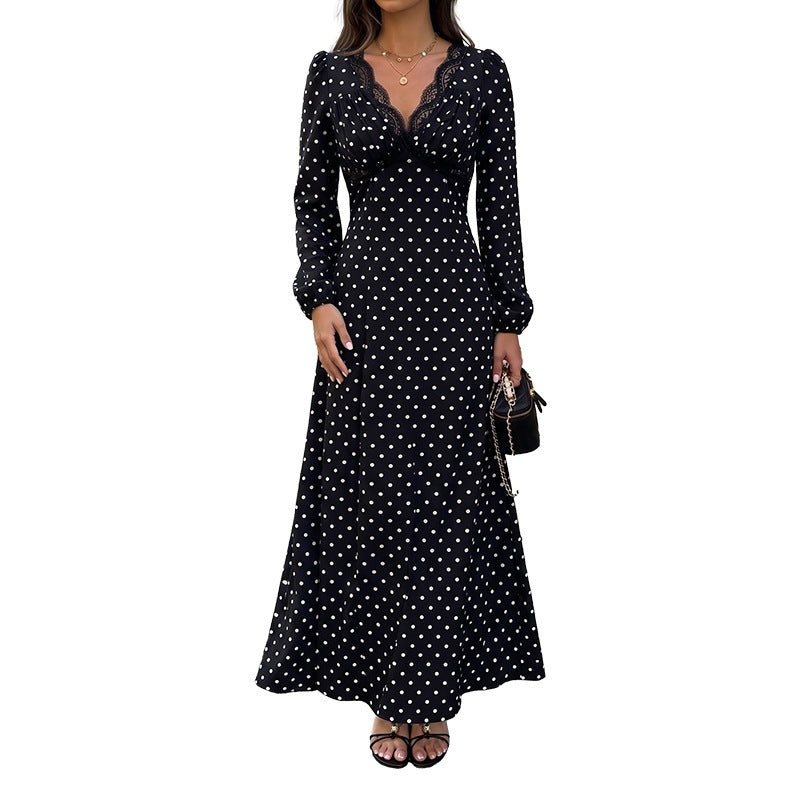 Damen Polka‑Dot Maxikleid mit Spitzen‑V-Ausschnitt, Empire‑Taillenlinie und langem Fließrock Shop Nory