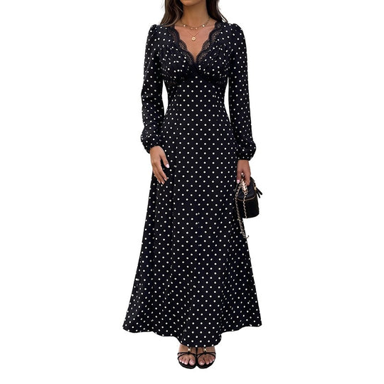 Damen Polka‑Dot Maxikleid mit Spitzen‑V-Ausschnitt, Empire‑Taillenlinie und langem Fließrock Shop Nory