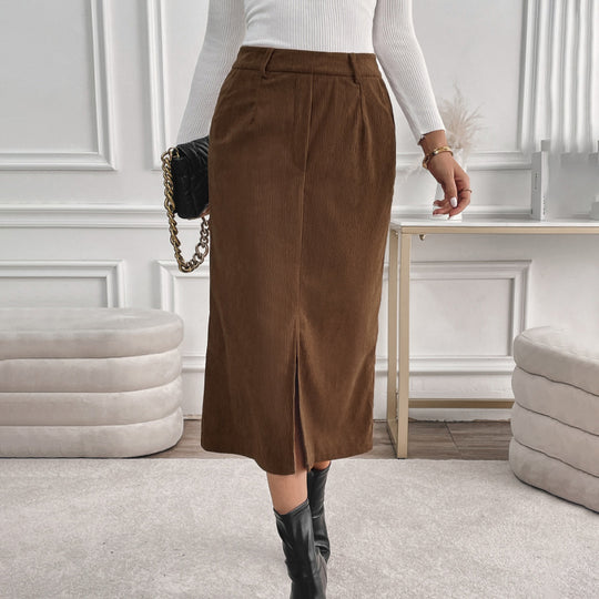 Damen Cord-Midirock mit hohem Bund, Eingrifftaschen und mittigem Schlitz Shop Nory