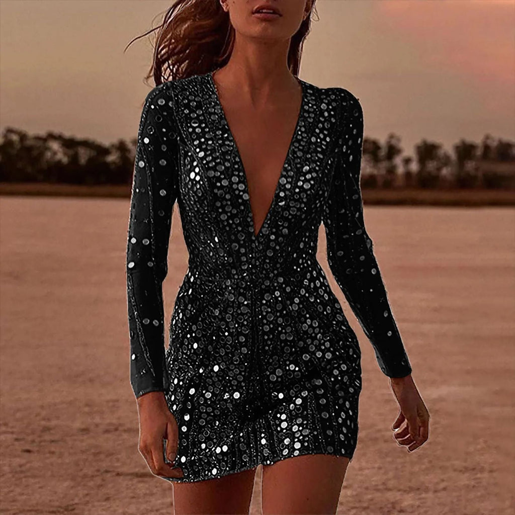 Damen Luxuriöses Partykleid mit funkelnden Pailletten und tiefem V-Ausschnitt