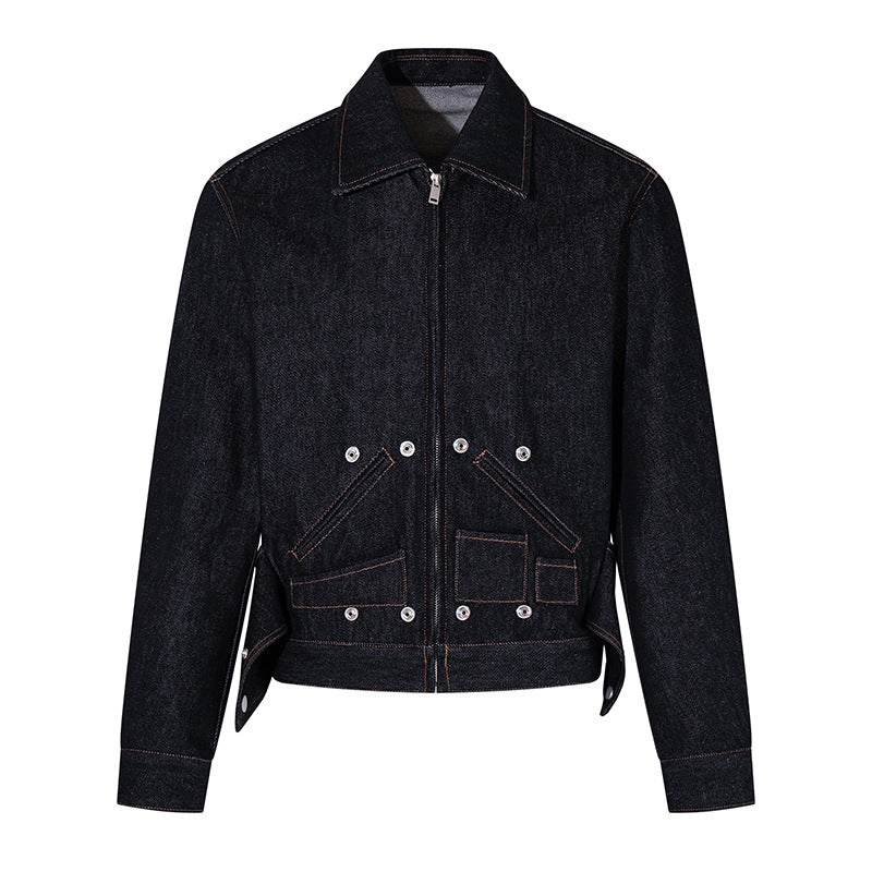 Damen Kurz geschnittene Denim-Workerjacke mit Reißverschluss, Kontrastnähten und Zierösen Shop Nory