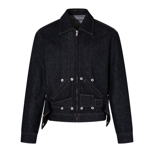 Damen Kurz geschnittene Denim-Workerjacke mit Reißverschluss, Kontrastnähten und Zierösen Shop Nory