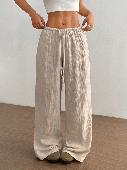 Damen weite Leinenoptik-Loungehose mit hohem Gummibund, Kordelzug & Crinkle-Struktur Shop Nory